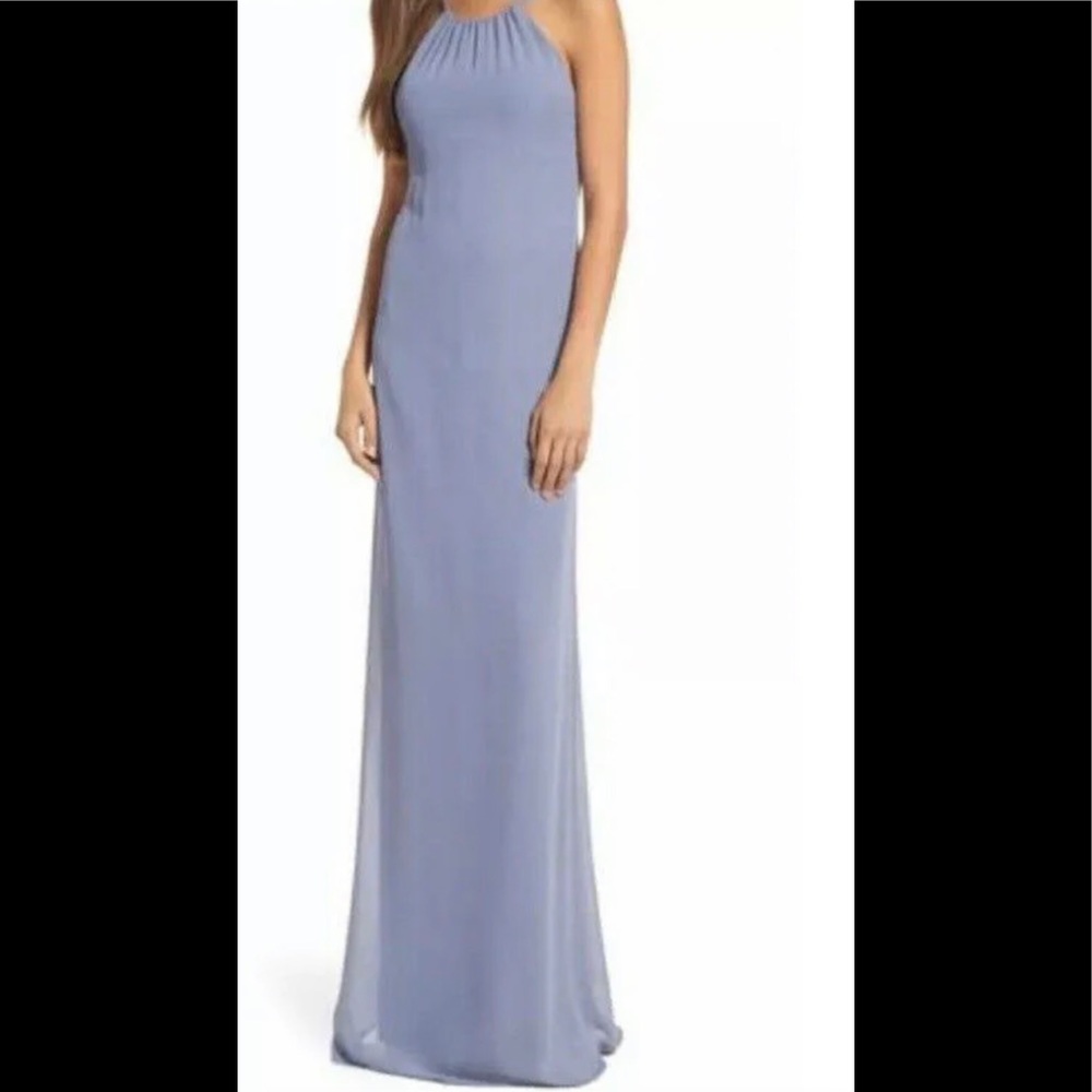 Nouvelle Amsale Blue Long Gown Dress Grecian Neckline Women Sz M